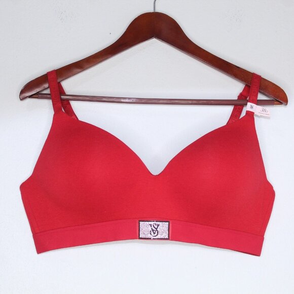 Victoria's Secret Push Up Bra Red 38D T-Shirt Lightly Padded Rhinestone Logo - Picture 1 of 16
